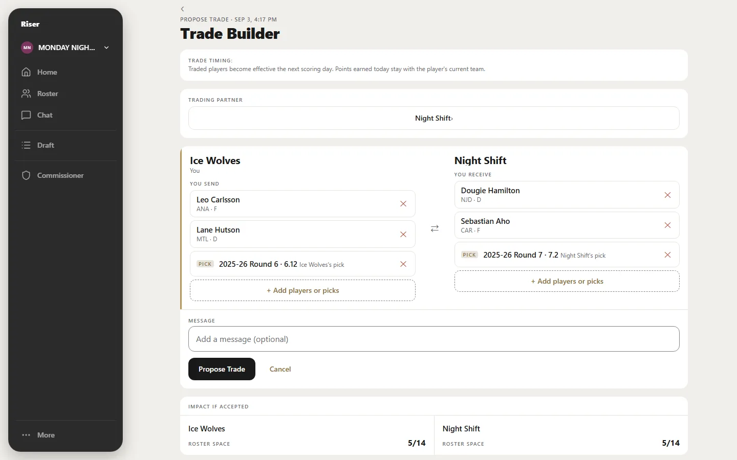 Riser trade builder with players and draft picks on both sides of the offer